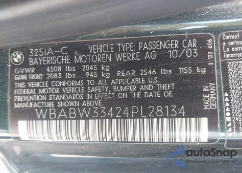 2004 BMW 325Ci z USA, uszkodzony, nr VIN WBABW33424PL28134